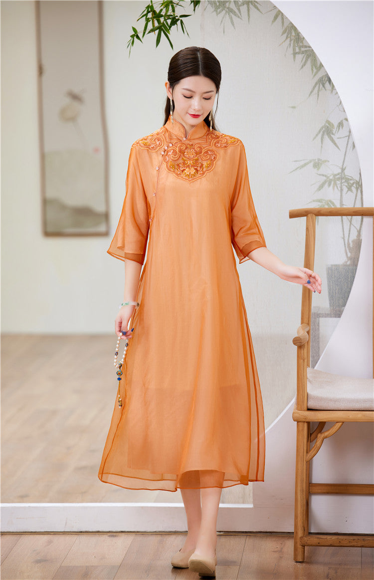 Orange Embroidered Loose Cheongsam Qipao Dress | Ember