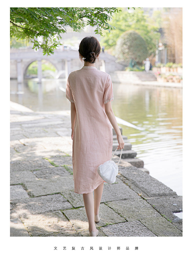 Pink Ramie Loose Cheongsam Qipao Dress