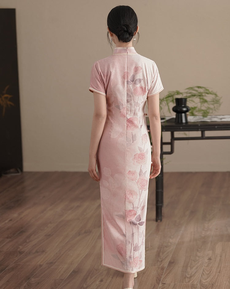 Short  Sleeves pink rose printed qipao cheongsam dress full length back
