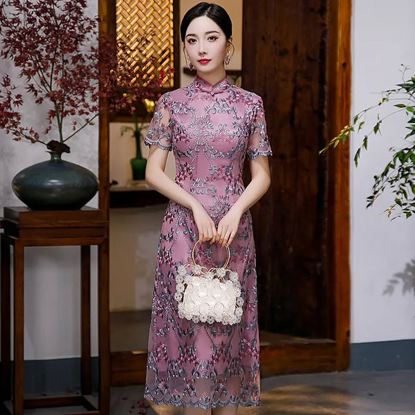 Purple Lace A Line Cheongsam Qipao Dress