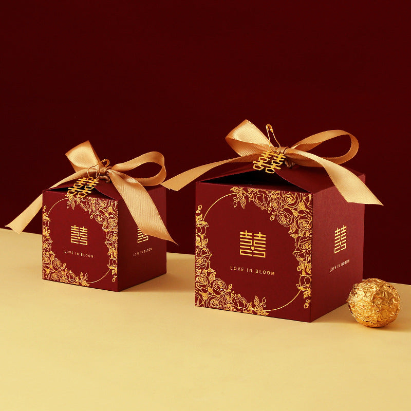 Red Golden double happiness favor box with gold foil floral print