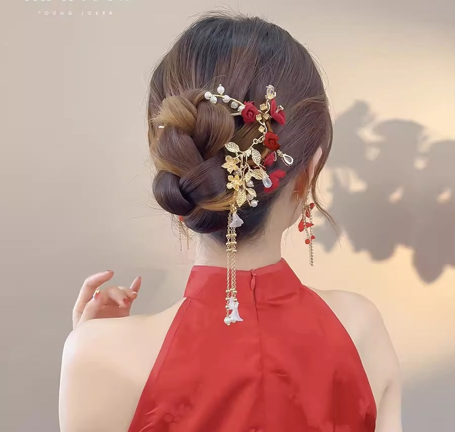 model with Red and Golden Floral Roses Pearl  Hair Pin