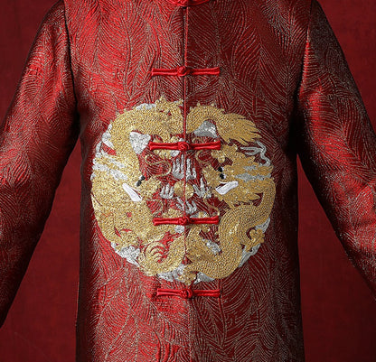 Red chinese groom dragon tang jacket close