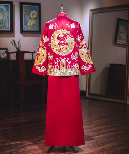 Red Chinese Wedding Groom Jacket with Dragon Embroidery - Traditional Ma Gua 