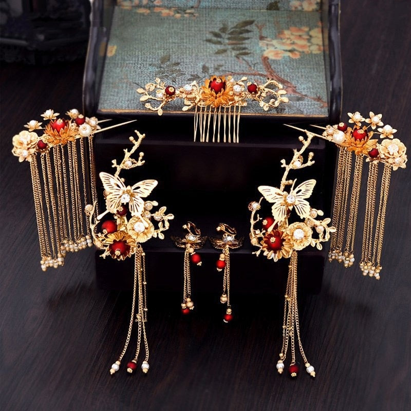 Traditional chinese bridal gold and red  hair pieces