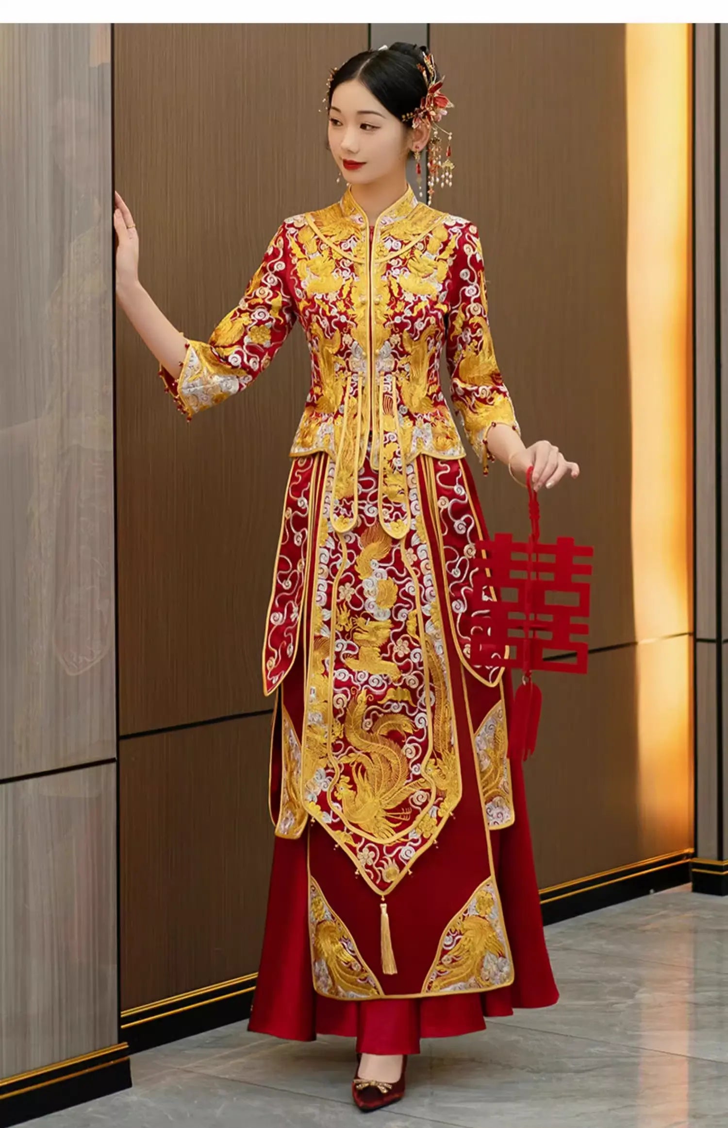 Red and gold  traditional Chinese Wedding pheonix  Qun Kwa Dress