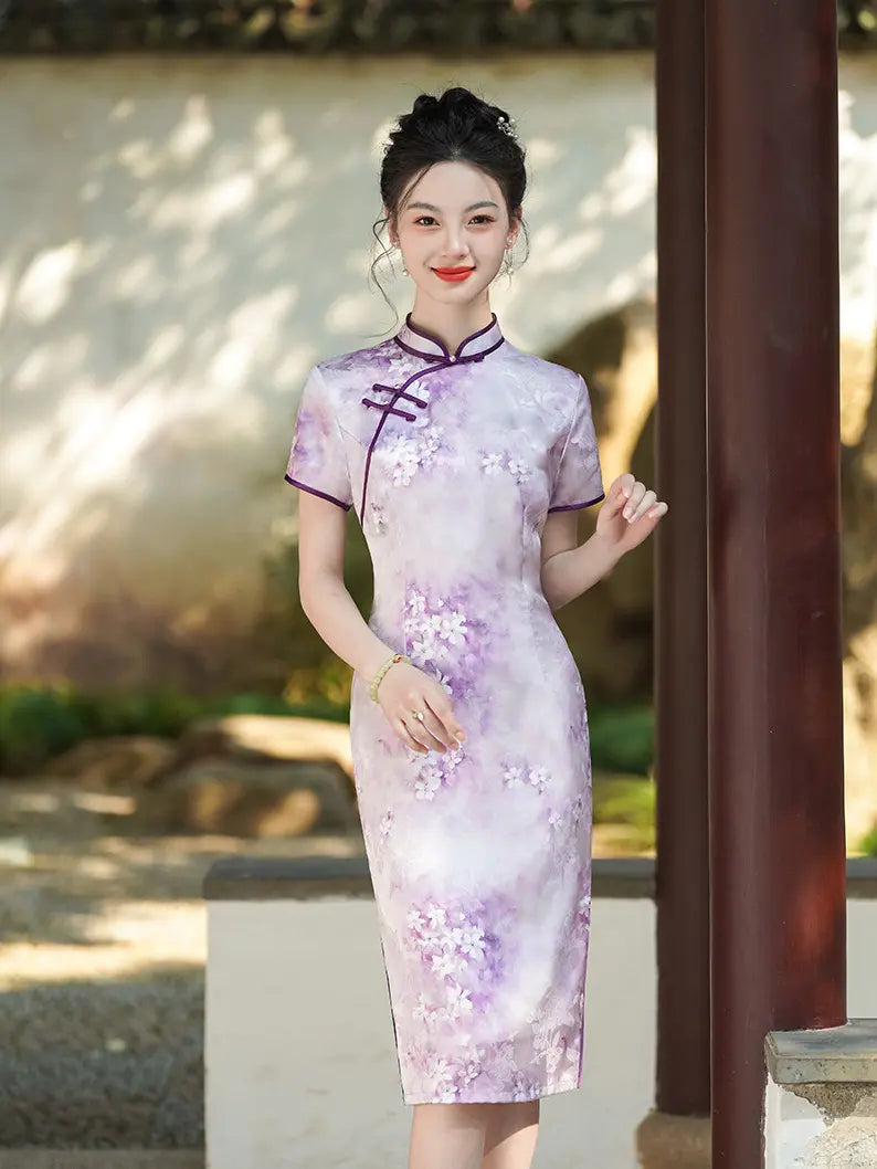 Blue & Purple Watercolor Floral Qipao Dress