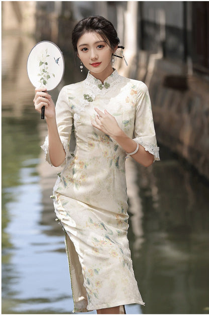 Floral Lace-Trimmed Qipao Dress