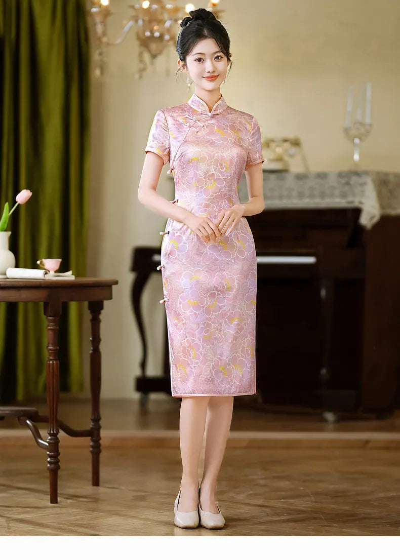 Pink Floral Mulberry Silk Short Sleeves Qipao Dress