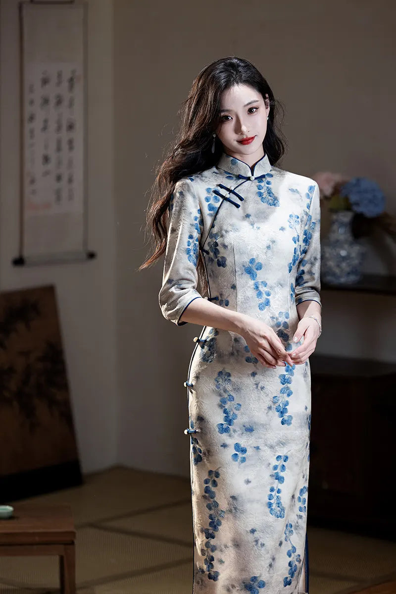 Blue/Green Plum Blossom Long Sleeves Qipao Cheongsam Dress