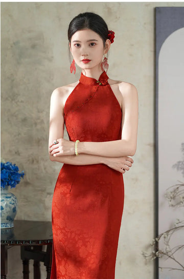 Red Floral Jacquard Halter Modern Bridal Qipao Dress