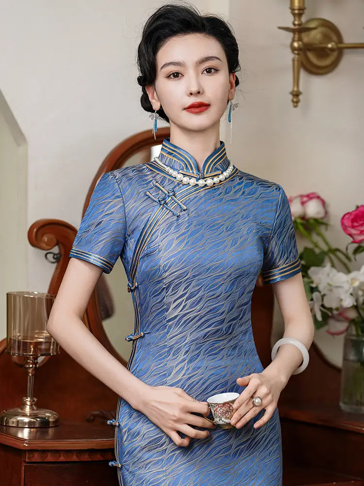 Blue Mulberry Silk Qipao Dress with Golden Trim, L Blue Mulberry Silk Qipao Dress with Golden Trim, L