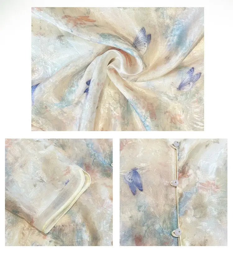 Neues Set aus transparentem Oberteil und lila Rock im chinesischen Stil mit Schmetterlingsmotiv
