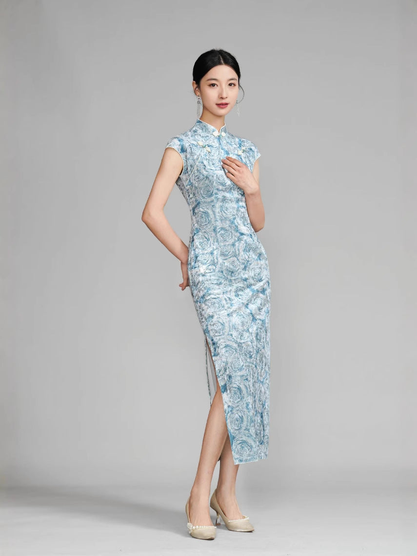 Blue Floral sleeveless Velvet chinese qipao dress