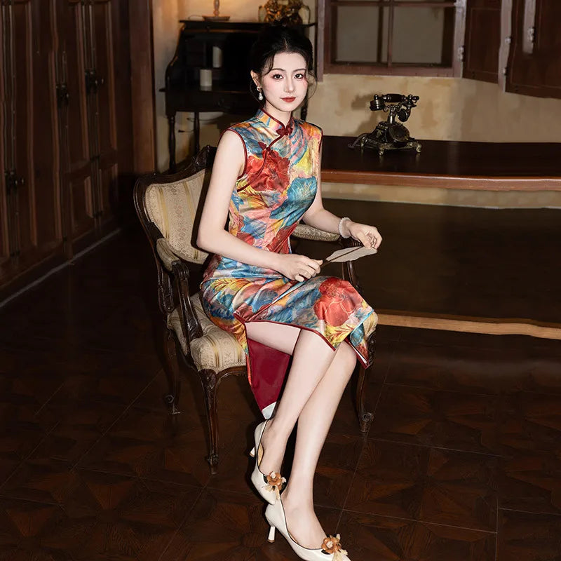 Floral Sleeveless Qipao Cheongsam Dress | Aurora Blossom