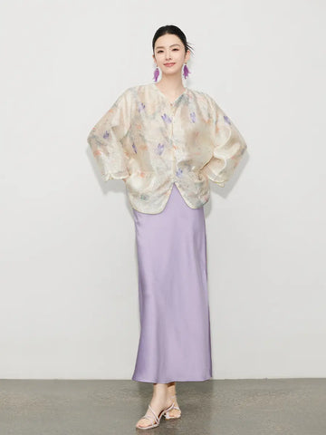 Neues Set aus transparentem Oberteil und lila Rock im chinesischen Stil mit Schmetterlingsmotiv