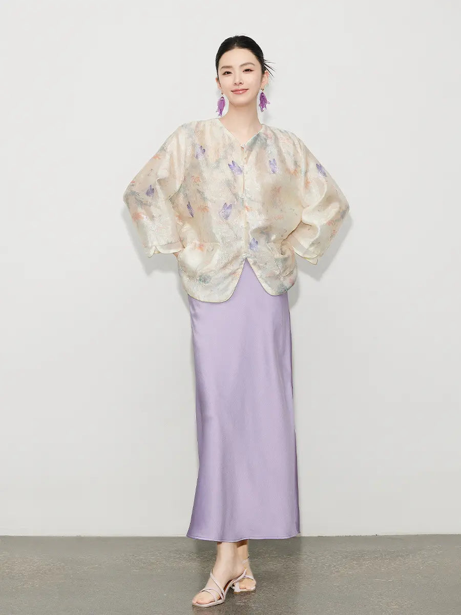 Neues Set aus transparentem Oberteil und lila Rock im chinesischen Stil mit Schmetterlingsmotiv