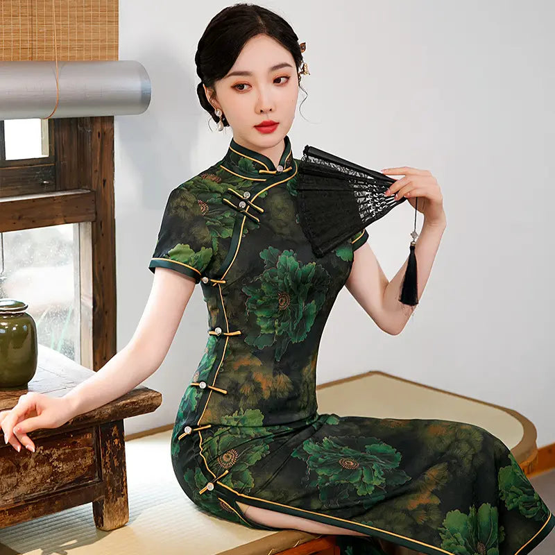 Dark Green  Floral Chinese Long cheongsam Dress