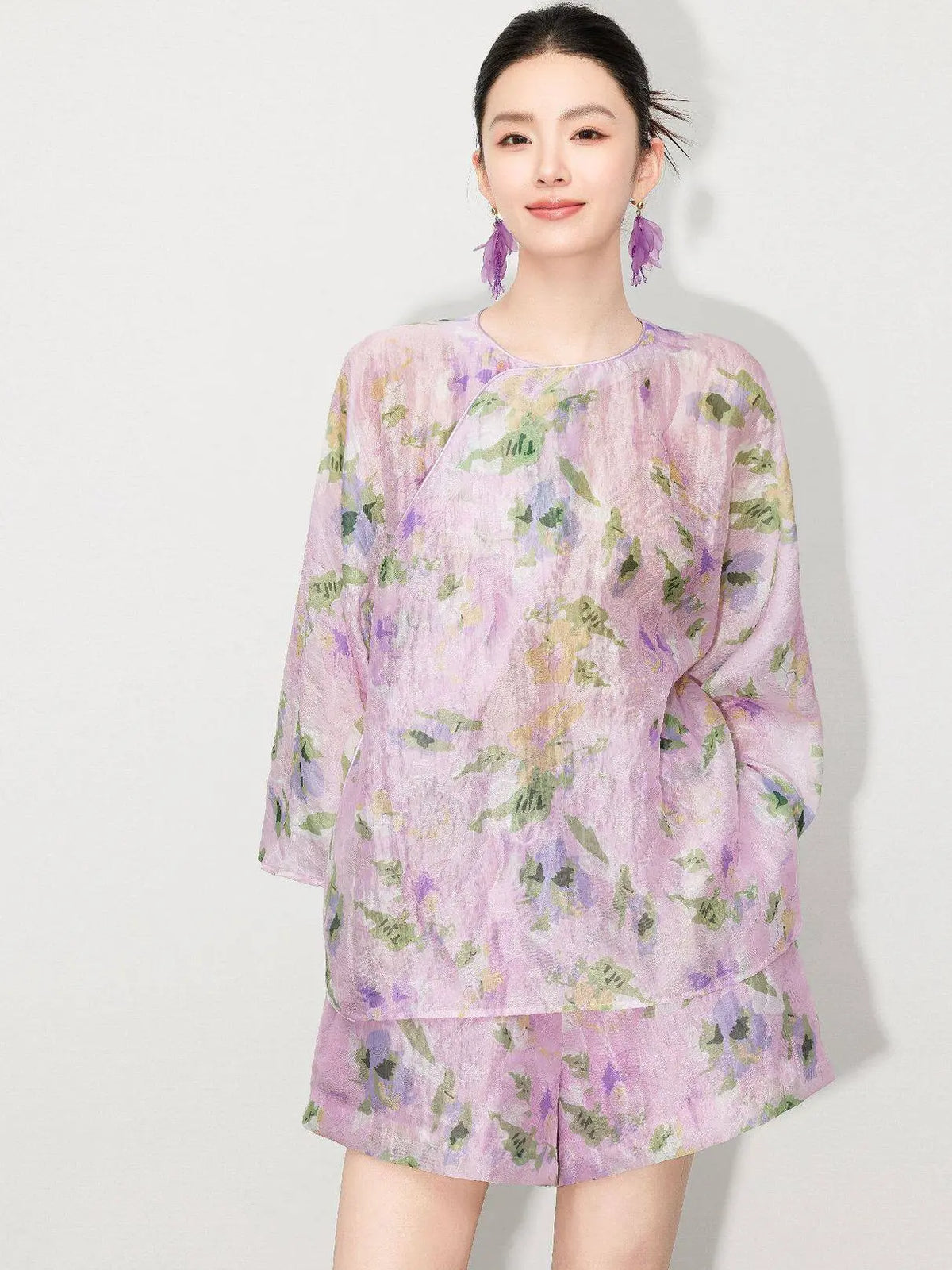 New Chinese Style - Asymmetrical Top & Elastic Waist Shorts in Lilac