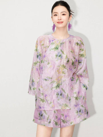New Chinese Style - Asymmetrical Top & Elastic Waist Shorts in Lilac
