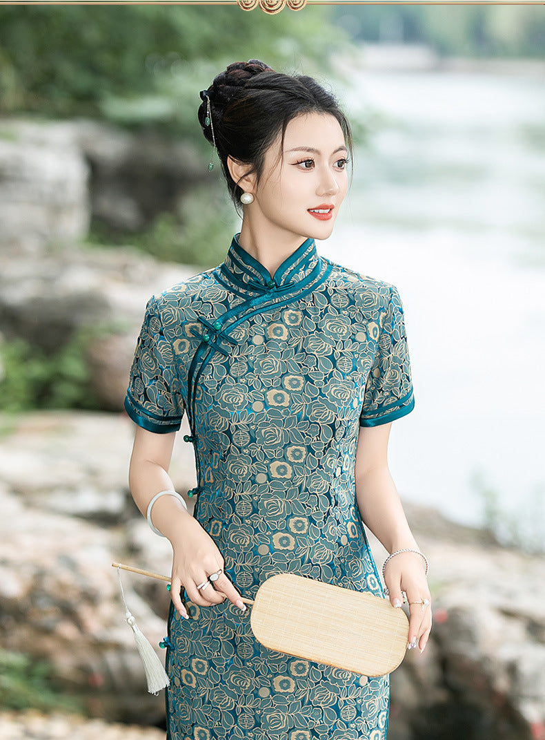 Teal Foral Long Cheongsam Qipao Dress