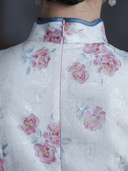 Sleeveless Floral Qipao Dress| Rosy
