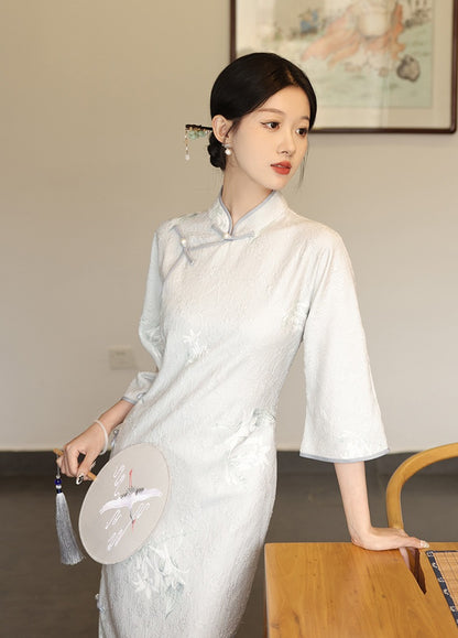 Light Blue Long Sleeves Lace jacquard Cheongsam Qipao Dress