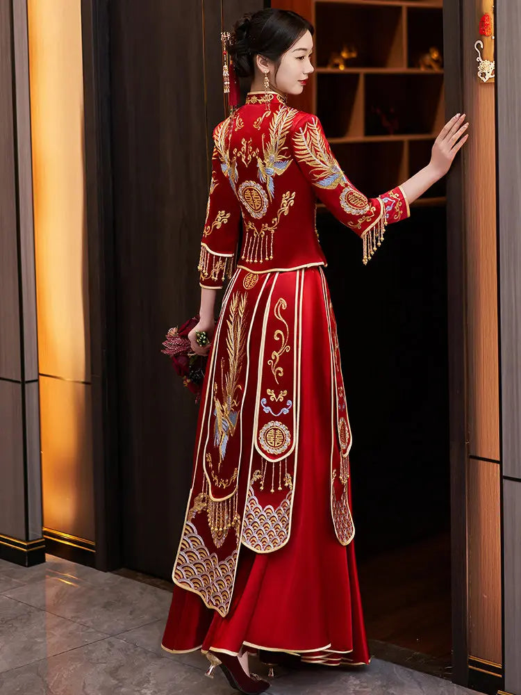 Traditional Red Chinese Bridal Xiuhe Phoenix Wedding Gown