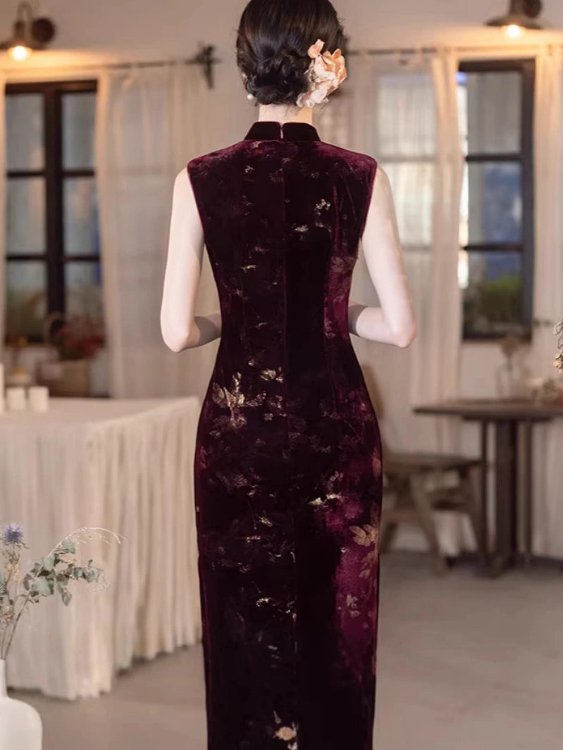 Burgundy Velvet Gold Floral Burnout  Sleeveless Qipao