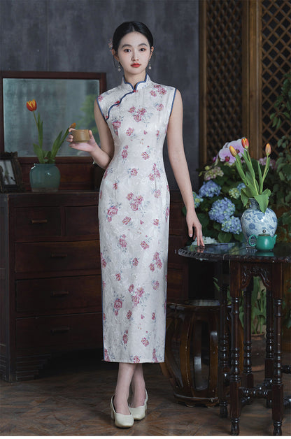 Sleeveless Floral Qipao Dress| Rosy