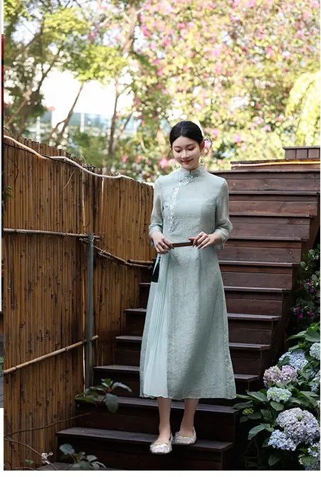 Green  Modern A-Line Tencel Jacquard Loose Cheongsam Qipao Dress