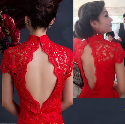 Custom Made  Red Open Back Lace  Cheongsam Qipao With Train