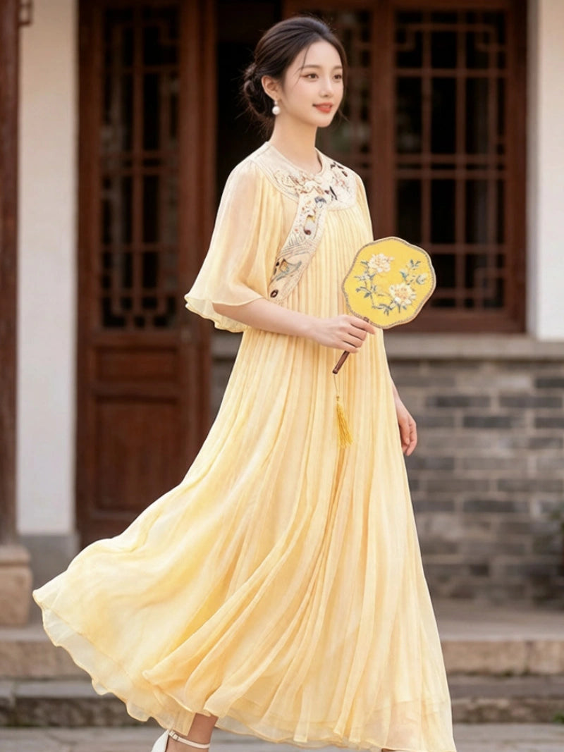Classic Soft Yellow Chinese Embroidered Mulberry Silk Loose Qipao