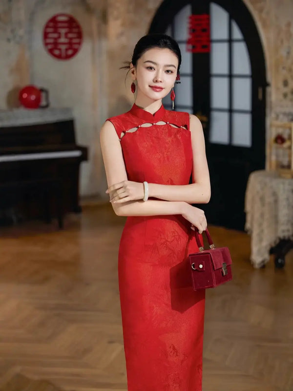 Red & Gold Brocade Sleeveless Modern Wedding  Qipao Dress