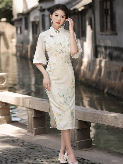 Floral Lace-Trimmed Qipao Dress