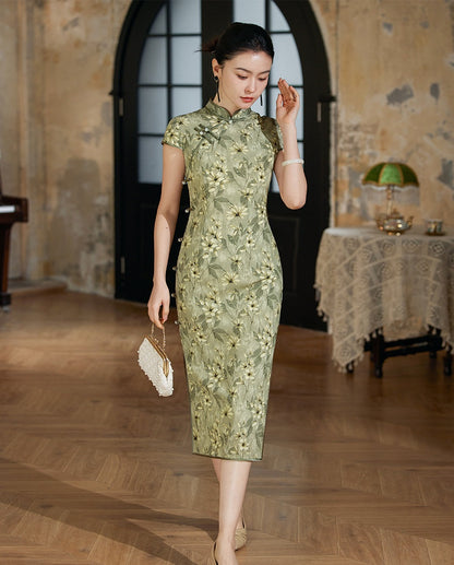 Mute Green Floral Silk Qipao Dress | Daisy