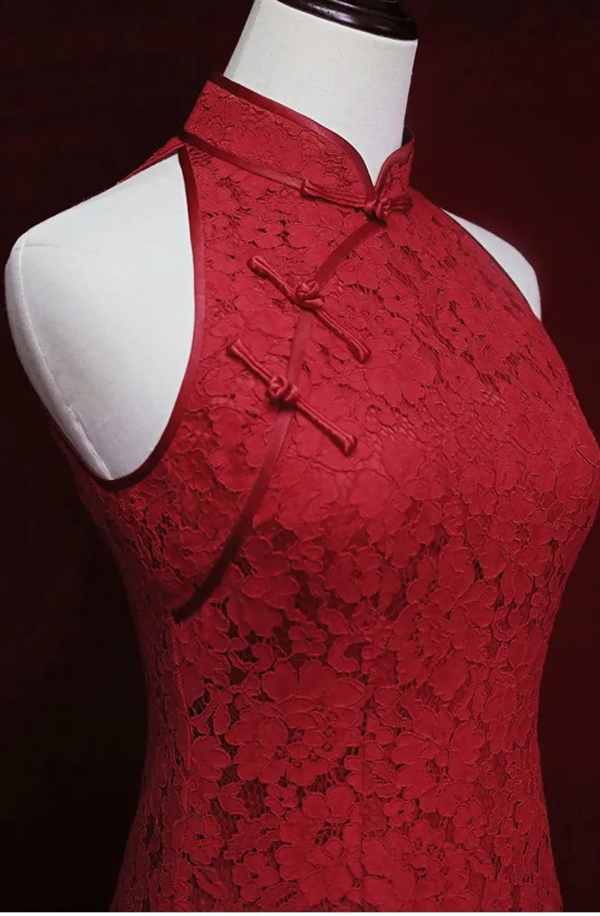 Red Halter Lace Cheongsam Qipao Dress