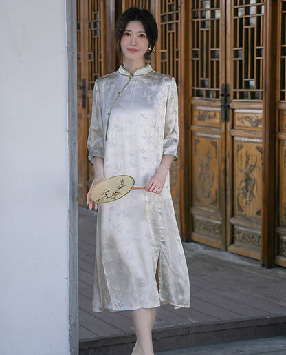 Robe Qipao Cheongsam ample en jacquard blanc ivoire