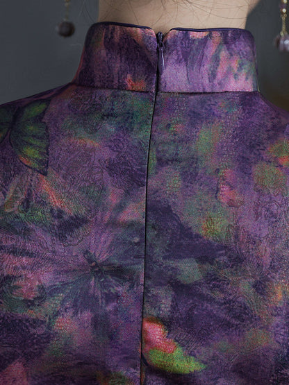Purple Butterfly Print Sleeveless Qipao Cheongsam Dress