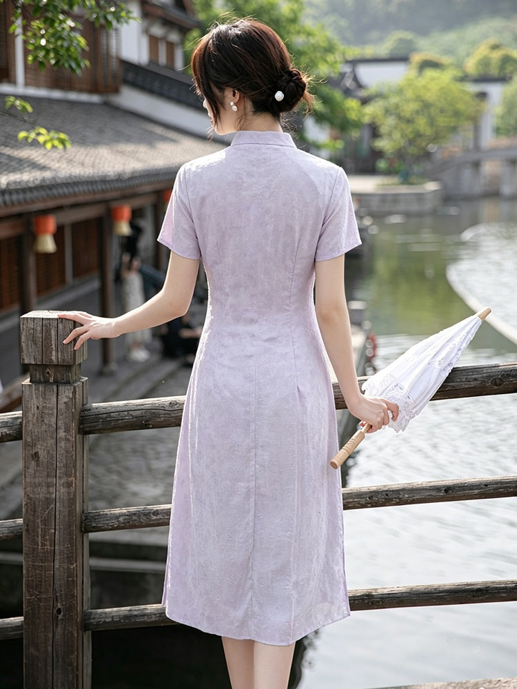 Modern Lavender A-line Short Sleeve Summer Qipao Dress