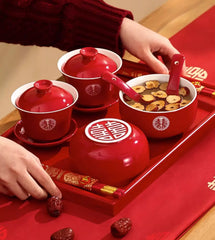 Red and golden Double Happiness Asian Chinese Wedding Tea Ceremony Tea Cups Bowls Set