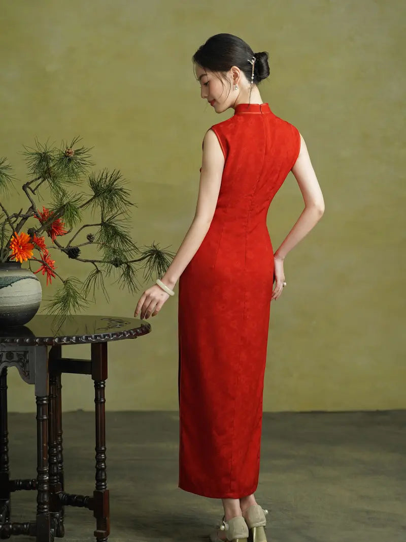 Rotes ärmelloses Jacquard-Qipao-Cheongsam-Kleid | Crimson Bliss