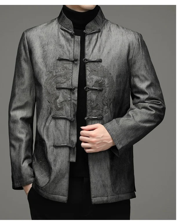 black Traditional Chinese Men’s Dragon Embroidered Goose Down Tang Jacket on a gray background