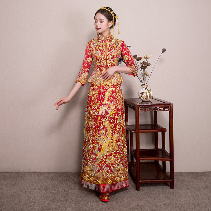 2023 Beads Embroidered Dragon Phoenix Wedding Bride Qun Kwa