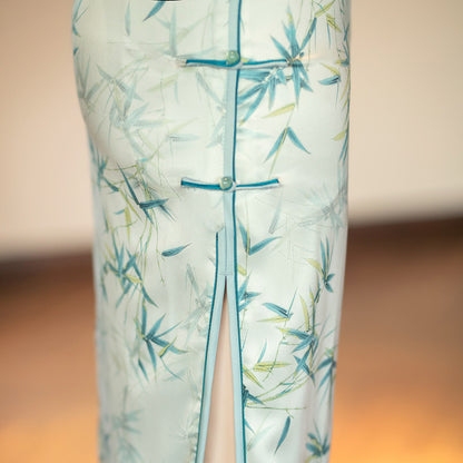 Chinese Green Bamboo Leaves Print Cheongsam Qipao Dress detail side