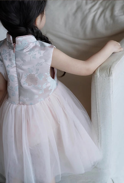 Robe Qipao Cheongsam en tulle satiné à fleurs roses pour enfant