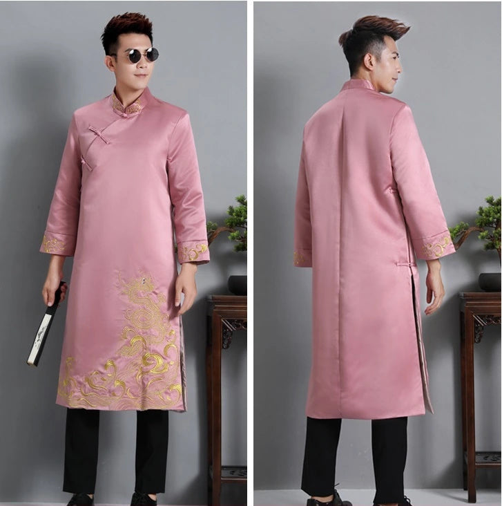 Pink Dragon Embroidered Men's Tang Jacket – Traditional Chinese Groom/Best Man Outfit with gold embroidery on a gray background