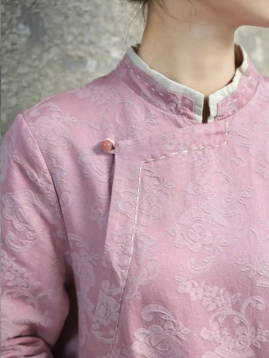 Pink Floral Long Sleeves Loose Qipao Cheongsam Dress