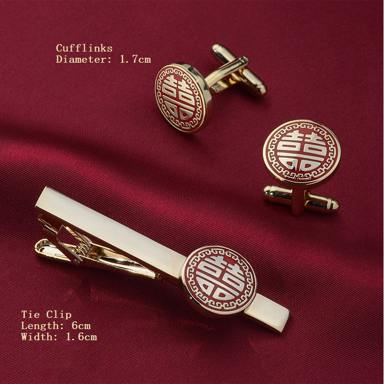 red Double happiness wedding cufflinks and tie clip for groom best men