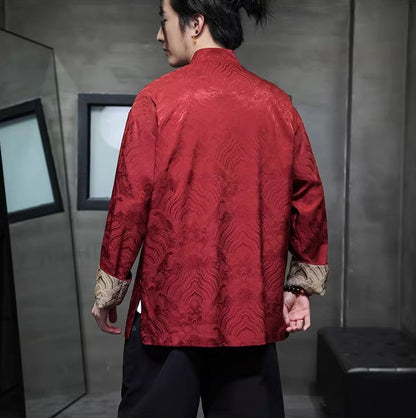 Model in Red brocade tang jacket back